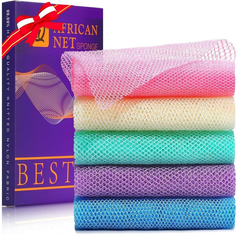 UJFQBH 5 Pieces African Bath Sponge African Net Long Net Bath Sponge Exfoliating Shower Body Scrubber Back Scrubber Skin SmootherGreat for Daily Use Purple Pink Green Blue White